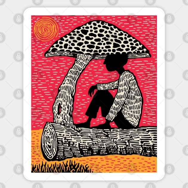 Shrooming Under Sun – Forest Solace Linocut Sticker by TuncGK